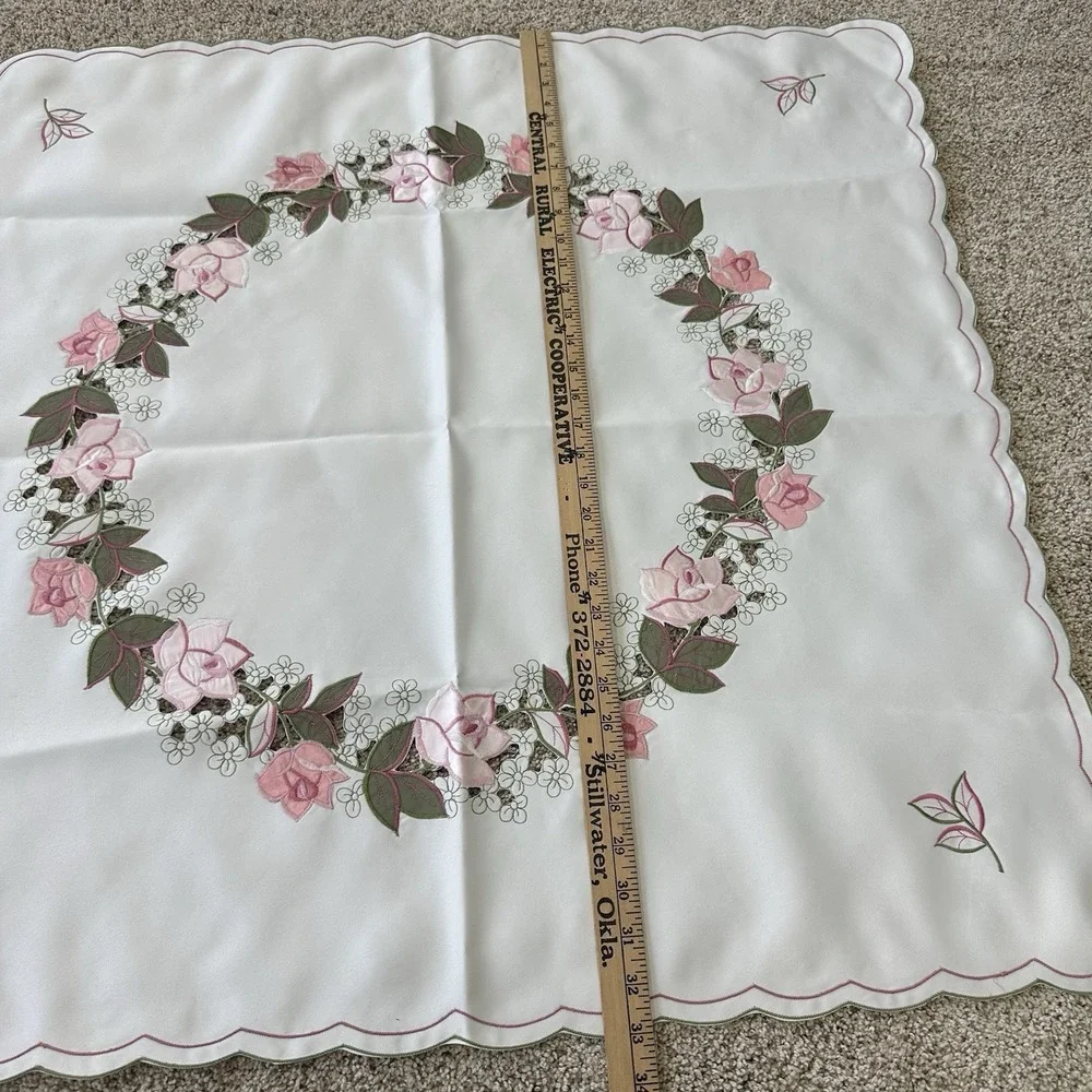 Lot Of 2 Vintage Cutwork Embroidered Floral Poppies Tablecloth Square Satin 33